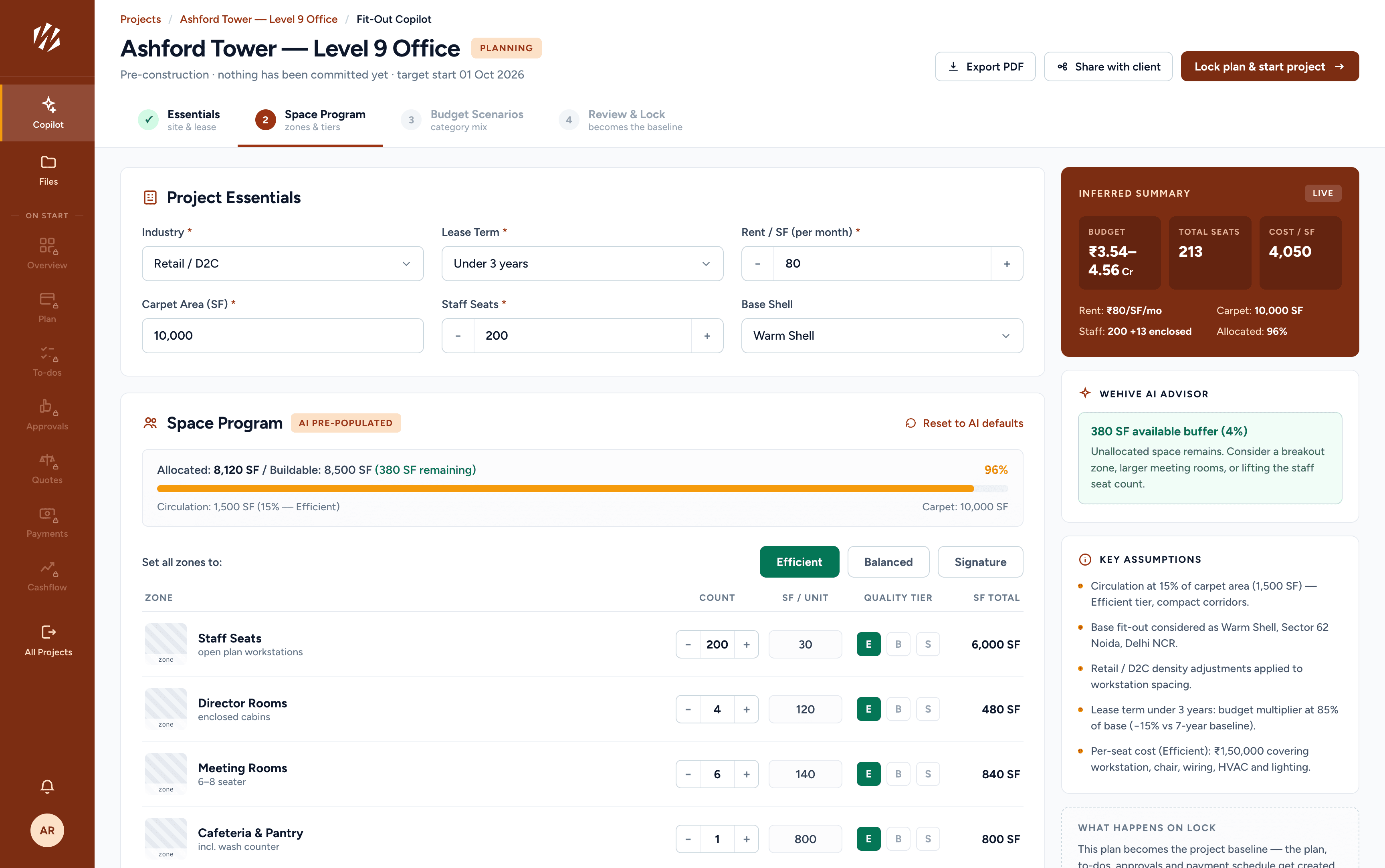 WeHive planning screen: project essentials and an AI pre-populated space program with quality tiers, a live inferred budget summary, and the WeHive AI advisor for an office fit-out